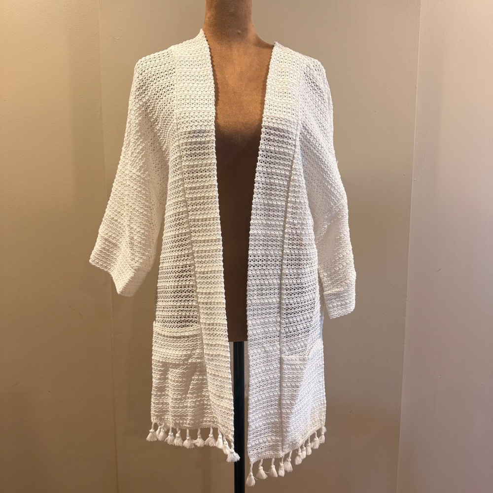 Molly Bracken Open Knit Cardigan Women OS (L) White Tassel Hem Boho Crochet